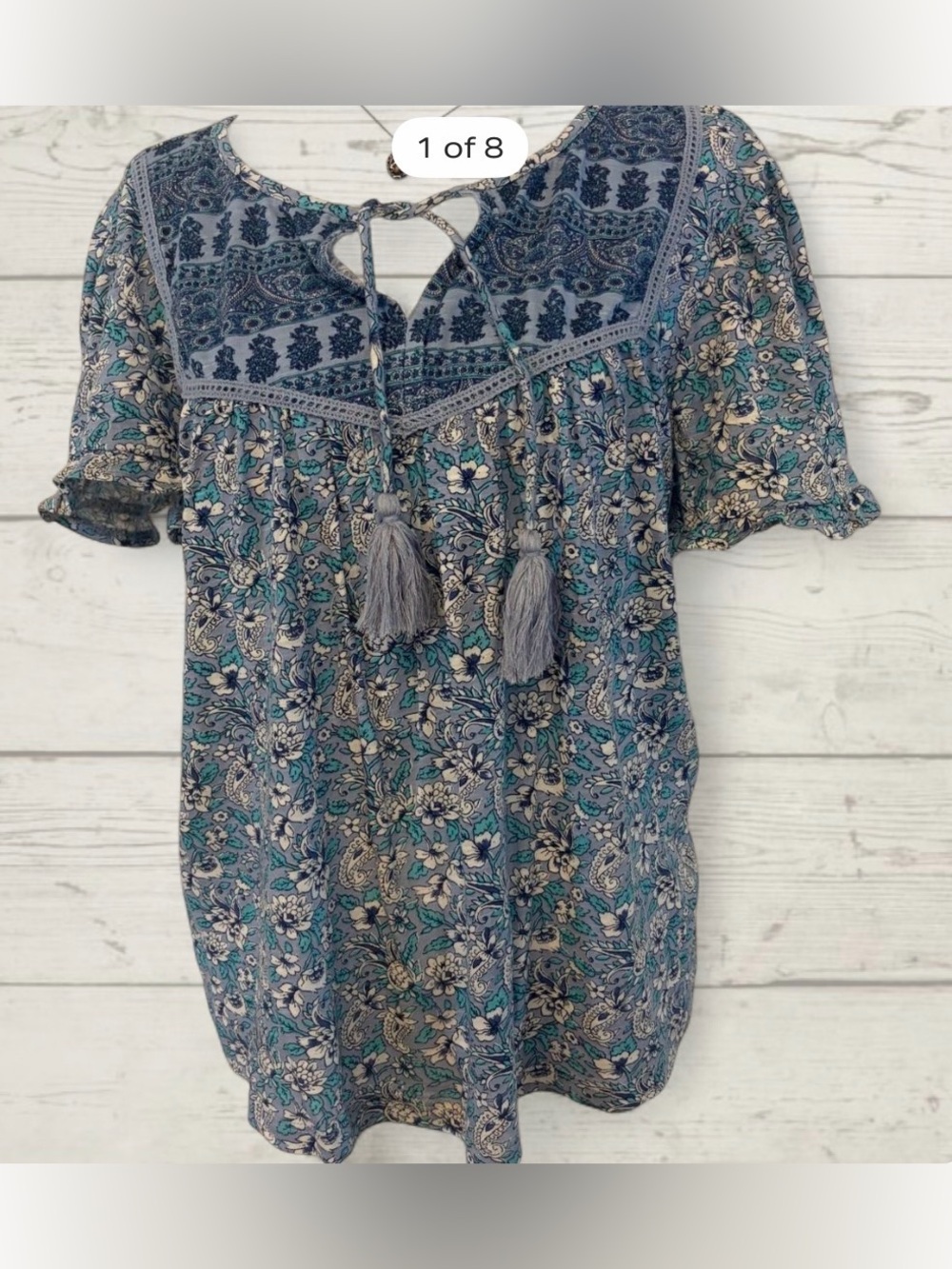 Lucky Brand Boho Tassel Peasant Tunic - Blue Floral